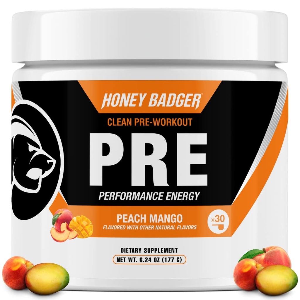 Μέλι Badger Pre Workout σκόνη, Keto Vegan Preworkout για άνδρες & γυναίκες, Beta Alanine & Caffeine, ζάχαρη χωρίς φυσική ενέργεια συμπλήρωμα, Ροδάκινο Mango, 30 εξυπηρετούν