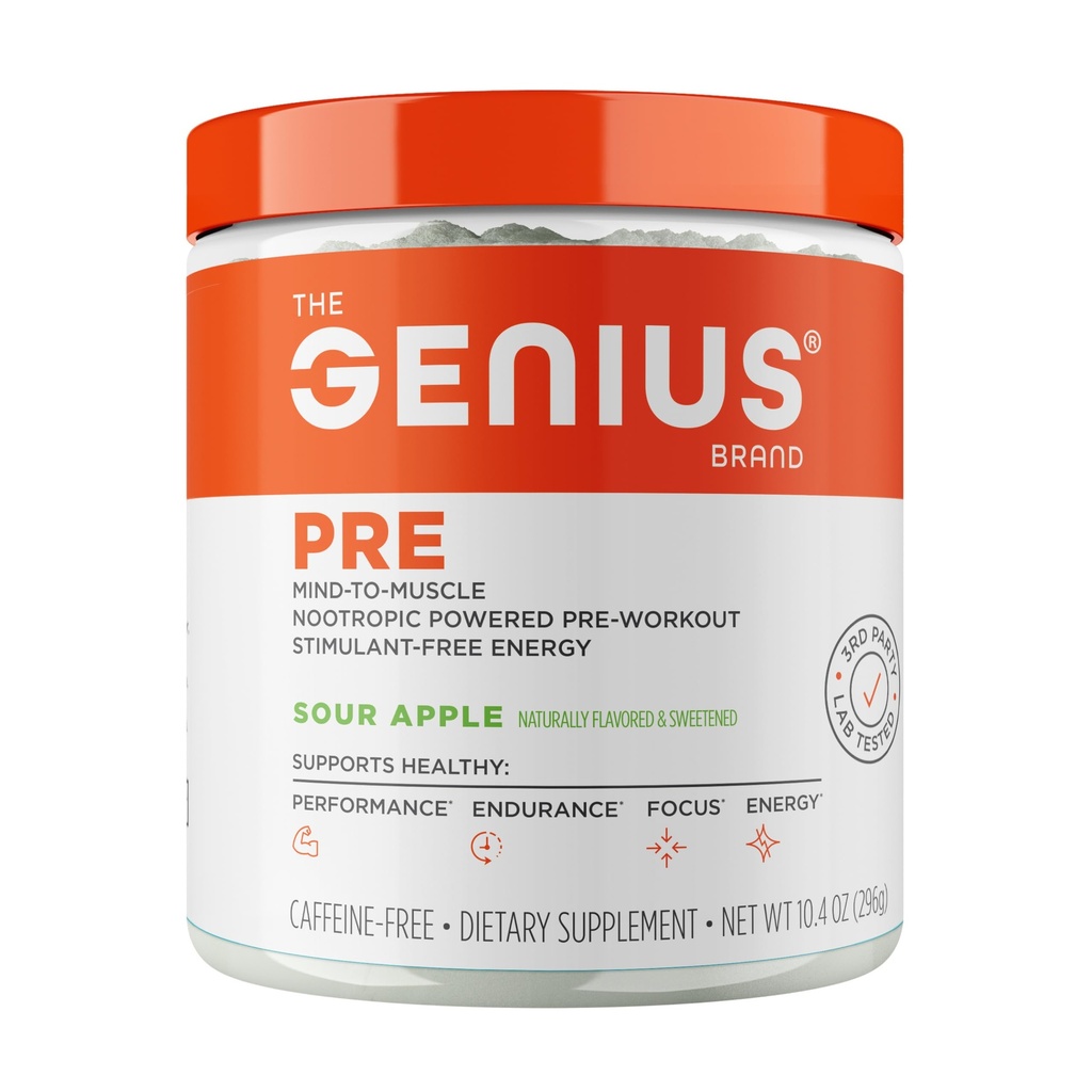 Genius Pre Workout Powder, Sour Apple - All-Φυσικό Nootropic Pre-Workout & Caffeine-Free Nitric Oxide Booster Supplement with Beta Alanine & Alpha GPC - Χωρίς τεχνητά αρώματα, γλυκαντικά, ή βαφές