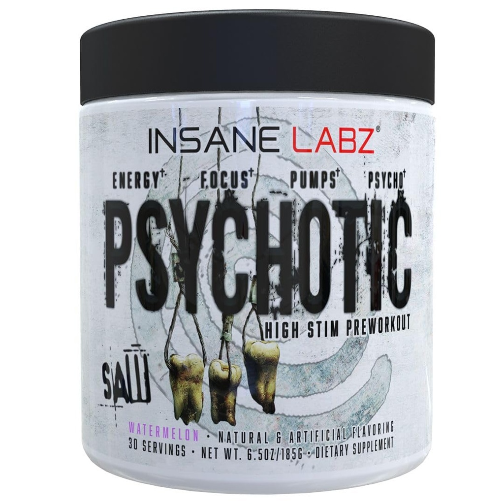Insane Labz Psychotic Saw, High Stim Pre Workout Powder με OxyGold-TM και AMPiberry®,Extreme Διαρκής ενέργεια με Teacrine®,Focus με CognitIQ® και αντοχή (30 εξυπηρετήσεις, Watermelon)