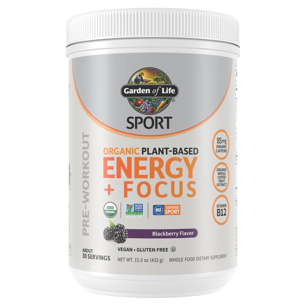 Κήπος Ζωής Αθλητισμός Βιολογική Plant Based Energy + Focus Clean Pre Workout Powder, με 85mg καφεΐνη, Natural No Booster, B12, Vegan, Χωρίς γλουτένη, Non-GMO, BlackBerry, 15.3 Oz