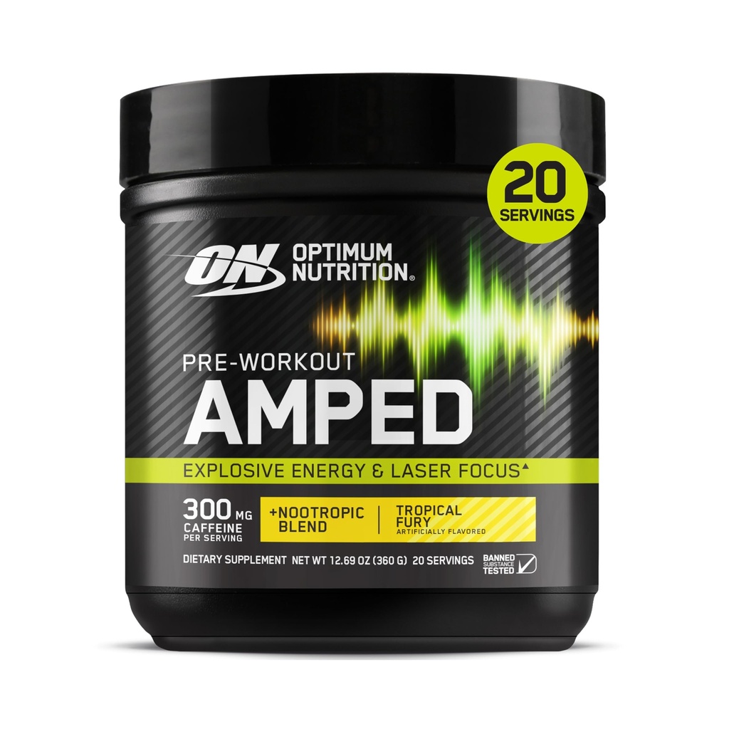 Optimum Nutrition Amped Pre-Wortout, με Κιτρουλίνη, Βήτα-Αλανίνη, Nootropics και 300mg καφεΐνη για Ενέργεια, Τροπικό Φιούρι, 20 υπηρεσίες (Packaging May Vary)