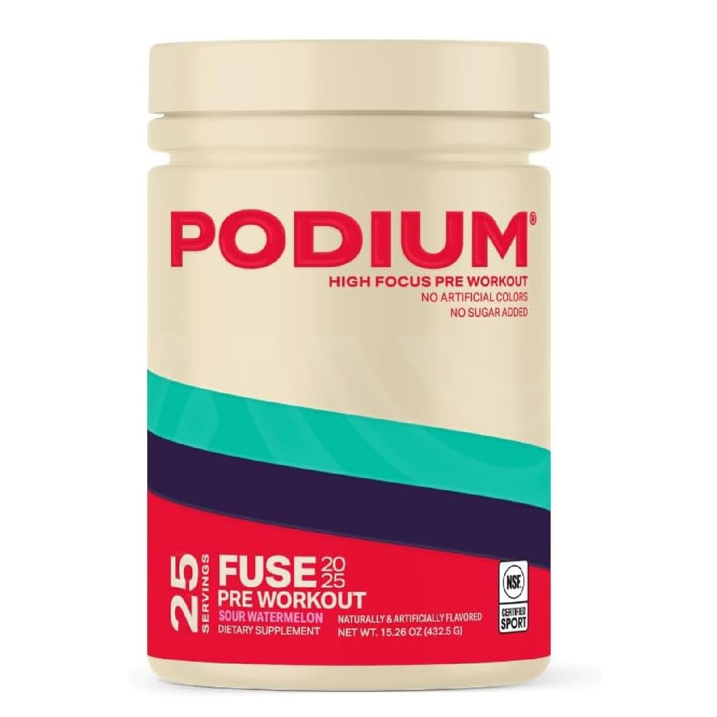 Podium Nutrition, Fuse 2025 Pre Workout Powder, Sour Watermelon, 25 σερβιρίσματα, Beta Alanine και καφεΐνη για την ενέργεια, χωρίς γλουτένη, χωρίς σόγια, χωρίς γαλακτοκομικά