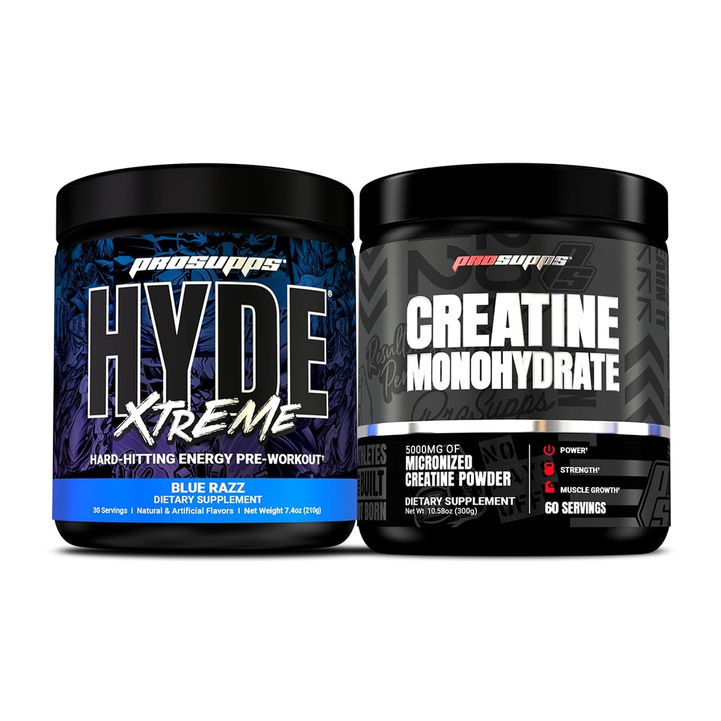 PROSUPPS Hyde Xtreme Hard-Hitting Ενέργεια πριν από την προπόνηση, Blue Razz, και Createine 300 Bundle