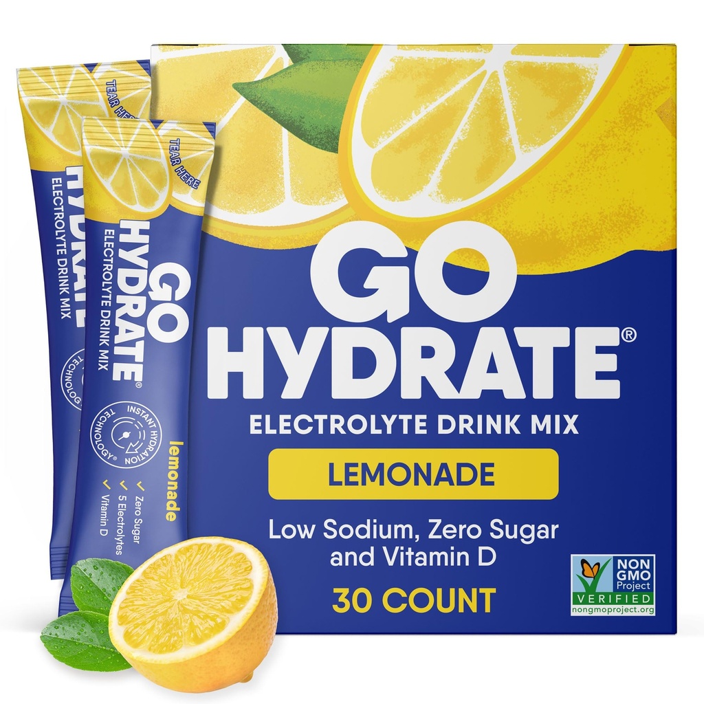GoHydrate Low Sodium Electrolytes Powder Packets Sugar Free - Instant Hydration Daily Drink Mix - Zero Sugar Flavor Packet Singles with Vitamin D - (Λεμονάδα, 30 συσκευασίες)