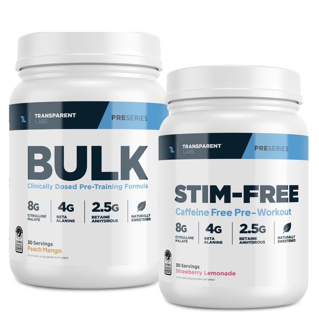 Διαφανές Labs Bulk Pre-Workout Powder (30 σέρβις, Ροδάκινο Mango) & Stim-free Pre-Workout Powder (30 σέρβις, Λεμονάδα Φράουλα)