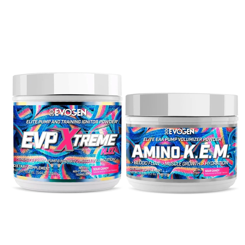 Evogen EVP Xtreme NO Amino K.E.M. Bundle – Pre Workout Powder & EAA/BCAA Pump Volumizer for Muscle Growth, Hydration & Performance | Sour Candy