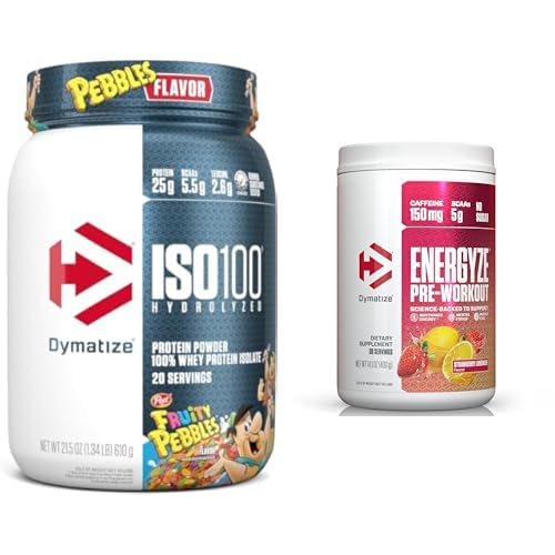 Bundle of Dymatize Fruity Pebbles ISO100 Whey Protein Powder Isolate and Energyze Strawberry Lemonade Pre Workout Powder