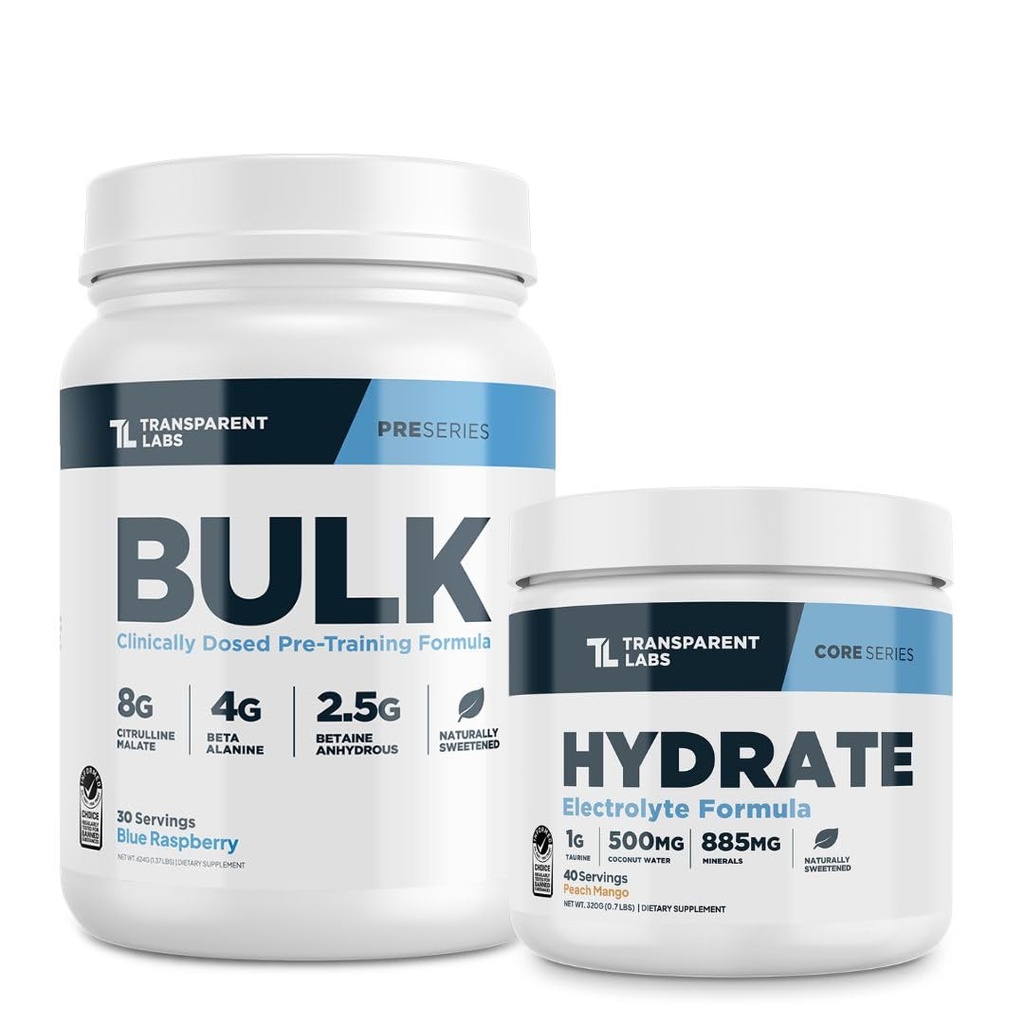 Διαφανή Εργαστήρια Bulk Pre Workout Σκόνη για Μυϊκό Κτίριο & Δύναμη 30 Εξυπηρετήσεις, Μπλε Βατόμουρο & Hydrate Ηλεκτρόλυτες Σκόνη με Καρύδα Νερό, Ταυρίνη, & Κάλιο 40 Υπηρεσίες, Ροδάκινο Mango