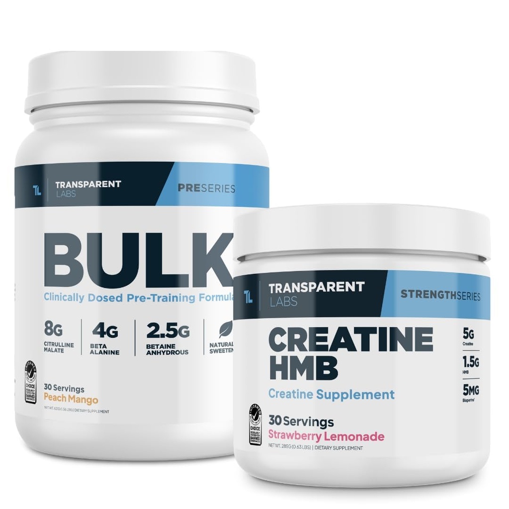 Transparent Labs Bulk Pre-Workout Powder (30 Servings, Peach Mango) & Creatine HMB (30 Servings, Strawberry Lemonade)