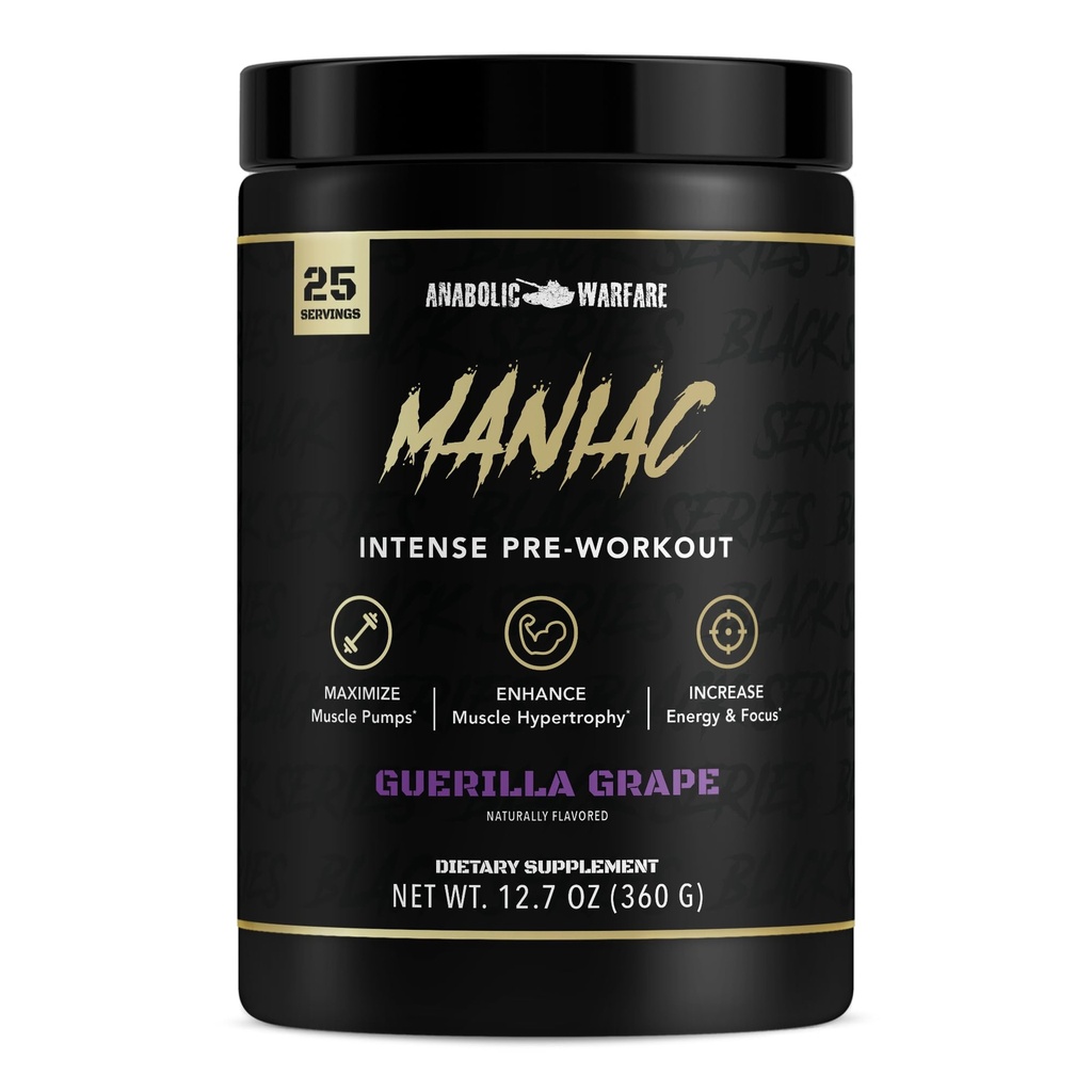 Anabolic Warfare Black Series Maniac, Pre-Workout Powder, Supports Nitric Oxide, Muscle Pumps, and Protein Synthesis* Guerilla Grape