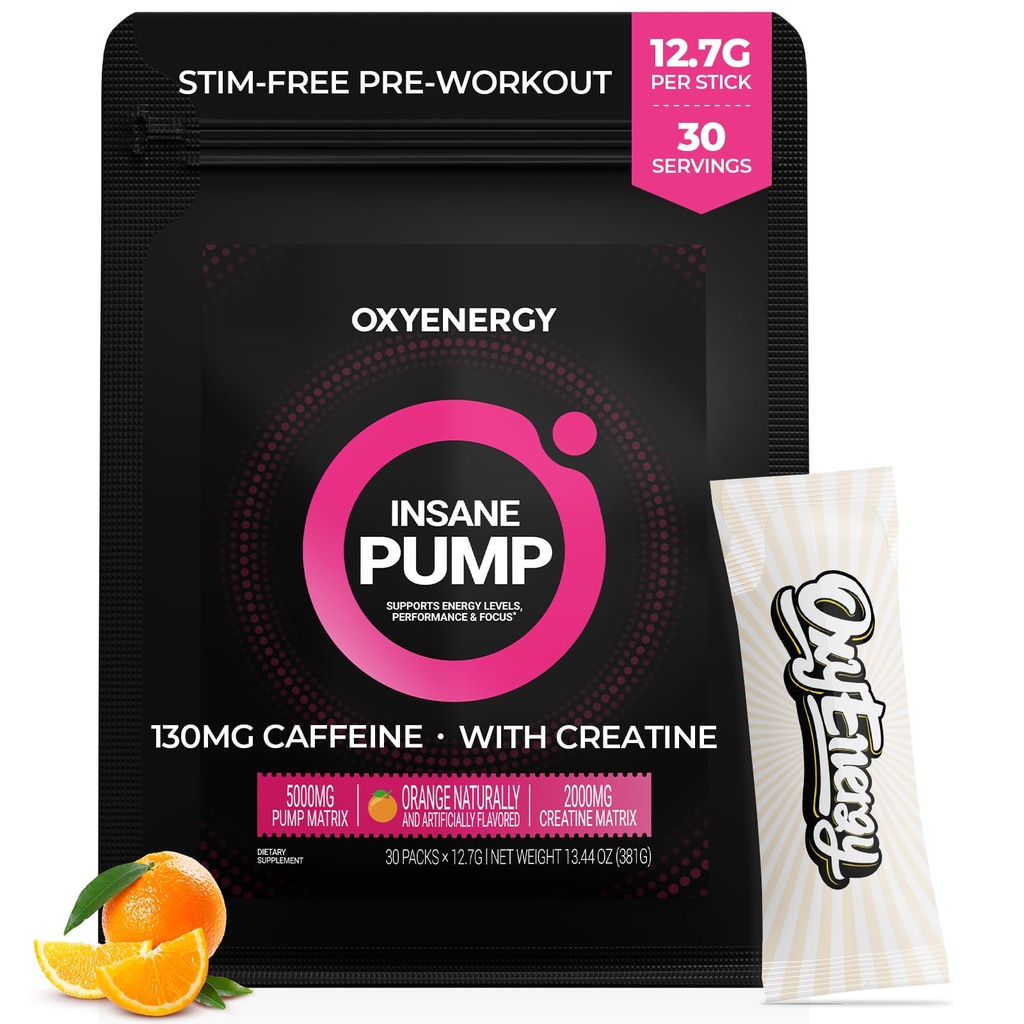 OxyEnergy Pre Workout Powder -Orange, Non Stim 130mg χαμηλή καφεΐνη, On-The-Go συσκευασίες με Beta Alanine, Creatine Monohydrate & Taurine για ευαίσθητους χρήστες, γυναίκες, βραδινές προπονήσεις - 30 Σερβιέτες