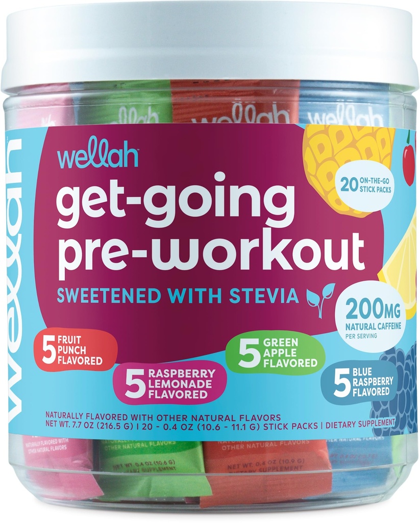 Wellah Get-Going Pre-Workout Variety Pack (20 Stick Packs) - 200mg Φυσική καφεΐνη, Stevia-Sweeted, με Citrulline Malate και L-Theanine, & 1000mg Βήτα-Αλανίνη