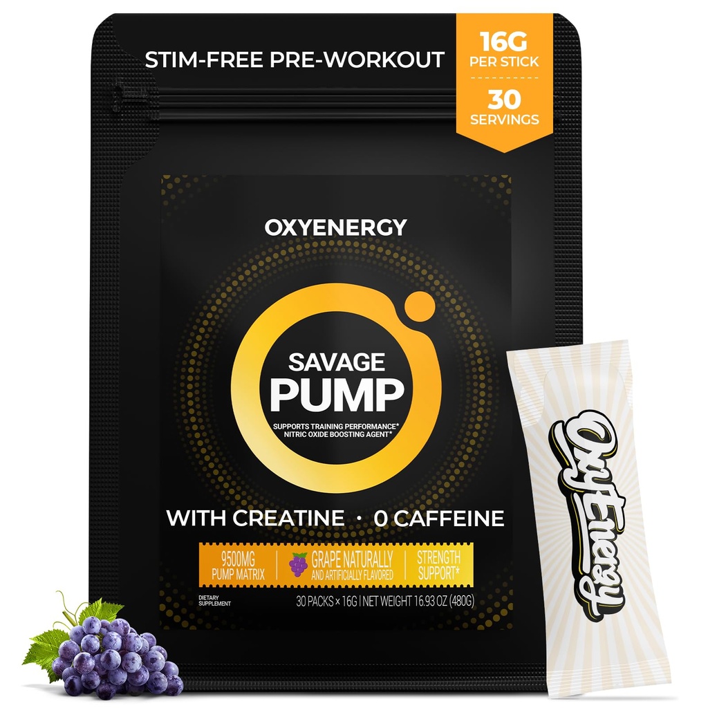 OxyEnergy Nitric Oxide Booster, Max αντλία Non Stim Pre Workout Powder for Men, with Beta Alanine, L Citrulline, Createine for Circulation, Muscle Pumps, Endurance, Grape, On-The-Go Packet- 30 Servings
