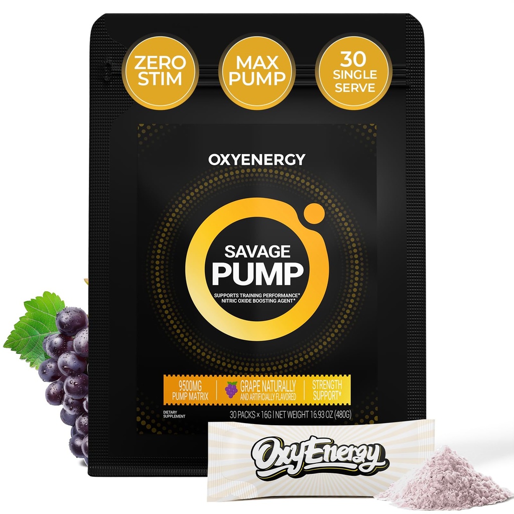 OxyEnergy Nitric Oxide Booster, Max Pump Non Stim Pre Workout Powder for Men, with Beta Alanine, L Citrulline, Creatine for Circulation, Muscle Pumps, Endurance, Grape, On-The-Go Packet- 30 Servings