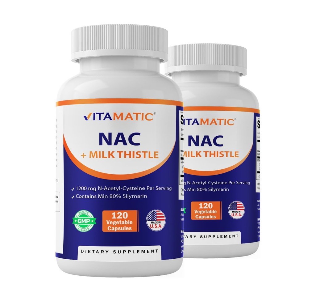 Vitamatic NAC Supplement N-Acetyl-L-Cysteine (NAC) with Milk Thittle 50:1 Extract - Υποστηρίζει ανοσοποιητικό, αναπνευστικό, ηπατική υγεία, 1200 mg ανά υπηρεσία, 120 Veg κάψουλες - 2 συσκευασίες