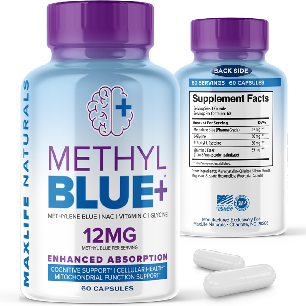 MAXLIFE NATURALS Pure Methylene Blue Capsules, Ultimate Methylene Blue Pharmaceutical Grade 12mg - 60 Capsules with Vitamin C Ester & NAC Glycine, Supports Cellular & Cognitive Function, Made in USA