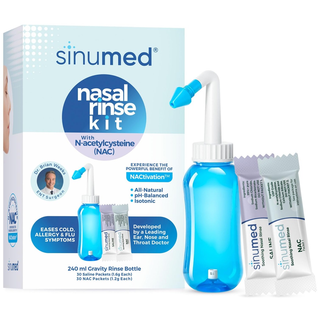 Sinus Rinse, 60PK Nasal Rinse Packets με NAC και ορό, Gravity Rinse Bottle, Εναλλακτική στο Neti Pot, Βοηθά με Αλλεργία, Συμφόρηση, Ψυχρά Συμπτώματα (Gravity Bottle με NAC 60PK)