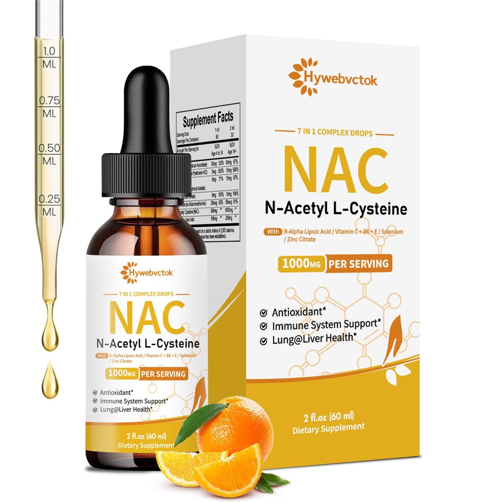 Υγρές σταγόνες NAC 1000 MG, NAC συμπλήρωμα N-Ακετυλοκυστεΐνη με R-Alpha Lipoic Acid, NAC για παιδιά & ενήλικες, ανοσοποιητική & αντιοξειδωτική υποστήριξη, συκώτι & πνεύμονα υγεία, γεύση πορτοκάλι, 0 ζάχαρη, 2FL OZ