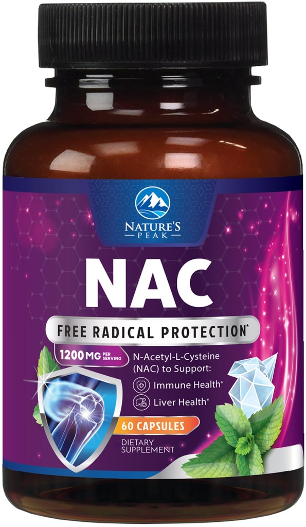 Συμπλήρωμα NAC - 1200mg ανά υπηρεσία N-Acetyl-L-Cysteine – Βέλτιστη Απορρόφηση Ανοσολογική Υποστήριξη με Ισχυρά Αντιοξειδωτικά - Υποστήριξη για την Υγεία του Αναπνευστικού & Ηπατικού - Χωρίς γλουτένη, Εμφιαλωμένο στις ΗΠΑ - 60 Κάψουλες