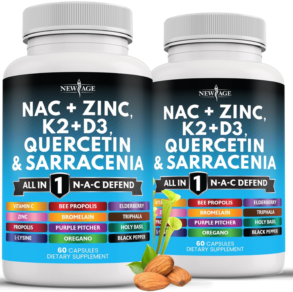 NEW AGE NAC Supplement N-Acetyl Cysteine - με βιταμίνη D3, K2, Ψευδάργυρος, Quercetin, Triphala, Sarracenia Purpurea, Elderberry, Holder Basil, Bee Propolis, Bromelain, L-Lysine - 120 Count
