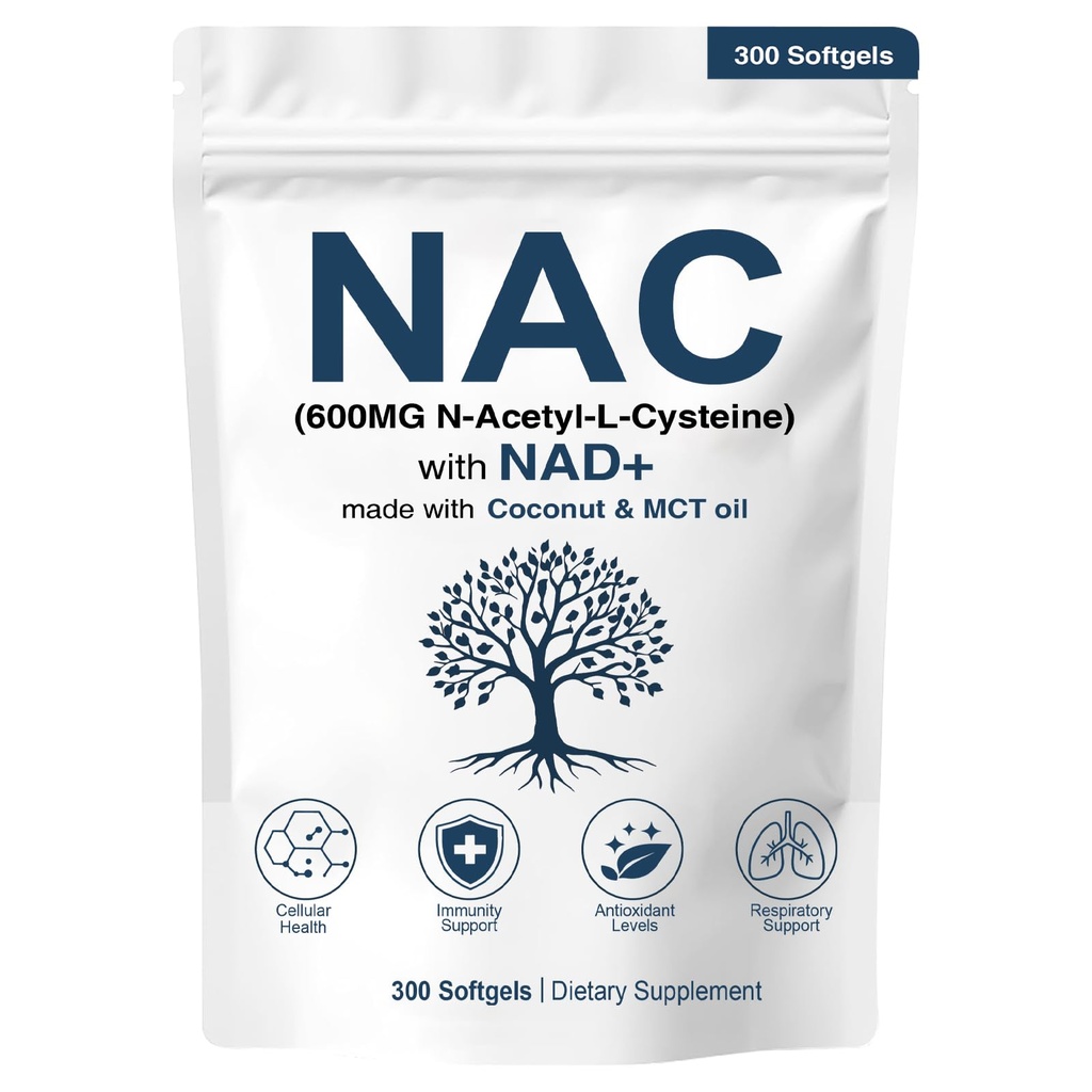 NAC 600mg μη ΓΤΟ, χωρίς γλουτένη, συμπλήρωμα NAC οργάνων N-Acetyl Cysteine Κάψουλες με NAD+ για την υγεία των κυττάρων και των πνευμόνων, 300 Softgels