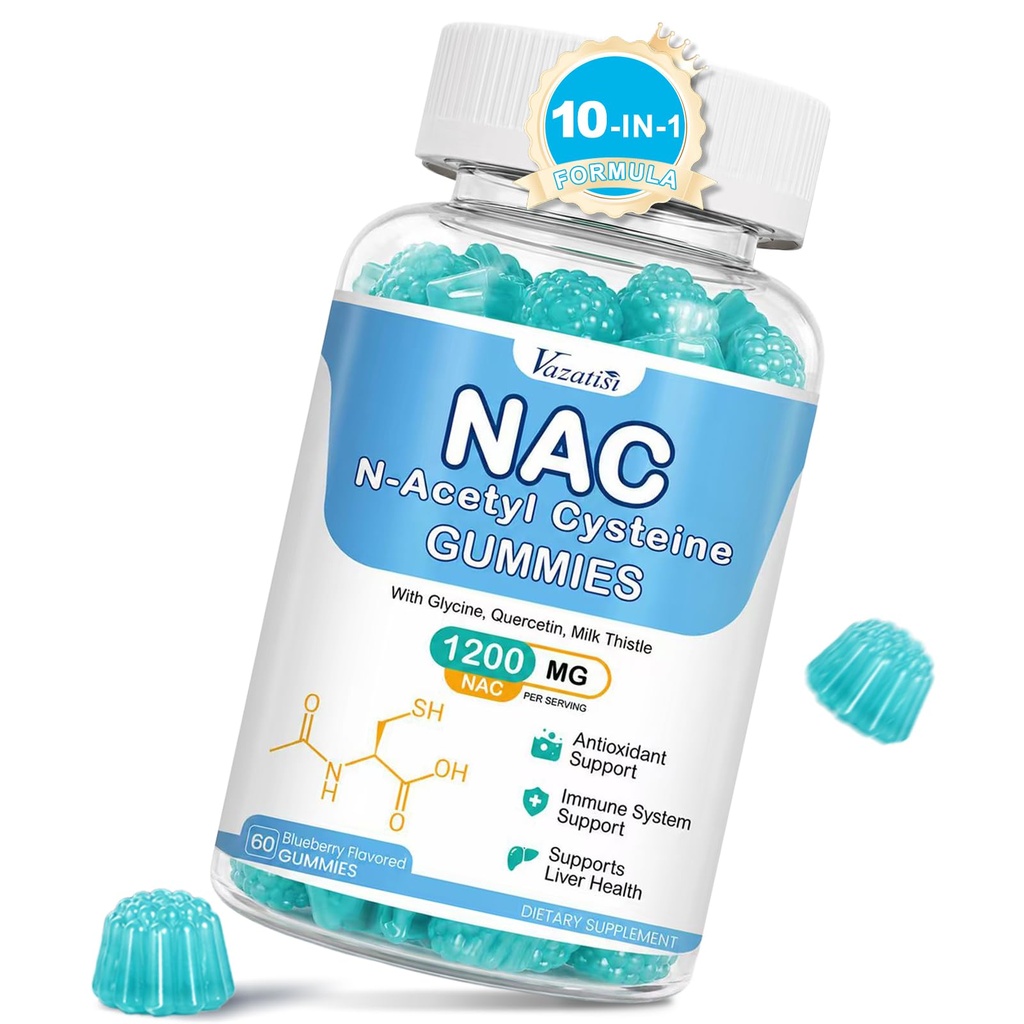 NAC Gummies, συμπλήρωμα NAC με Μήτρα Γάλατος, Σελήνιο, B6, B12 - Αντιοξειδωτικό, Ανοσολογική Υποστήριξη - N Acetyl Cysteine 600 mg ανά Gummy - Blueberry Flavored, 60 Cts