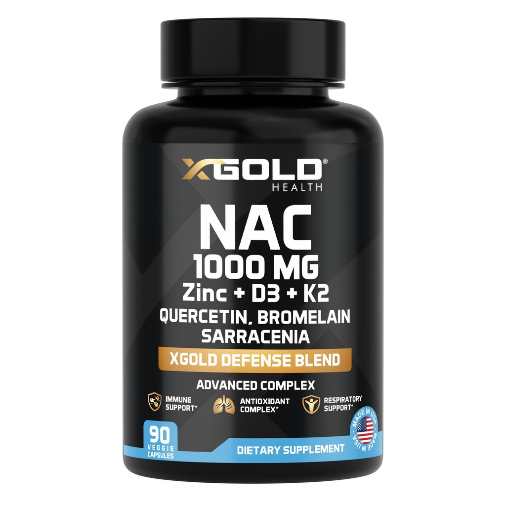 XGold Health NAC 1000 mg με Quercetin 95%, Bromelain, Ψευδάργυρος, Βιταμίνη C, D3 & K2 ανοσοποιητική υποστήριξη & αντιοξειδωτικό συμπλήρωμα Advanced Defense Blend 90 Veggie Κάψουλες