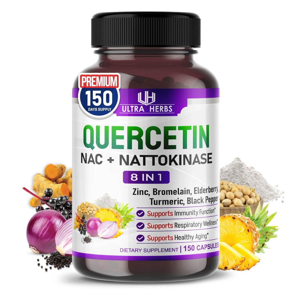 Quercetin συμπλήρωμα με Bromelain, βιταμίνη C και ψευδάργυρο, Nattokinase, NAC, Elderberry, Elderberry 8 σε 1 Ultra Antioxidant Complex για την Ανοσοποιητική Υγεία