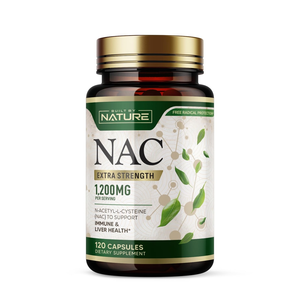 Built by Nature NAC Supplement – 1200mg N-Acetyl-L-Cysteine – Immune & Respiratory Support, Liver Health, Antioxidant Supplement – Non-GMO, Gluten-Free 120 Capsules