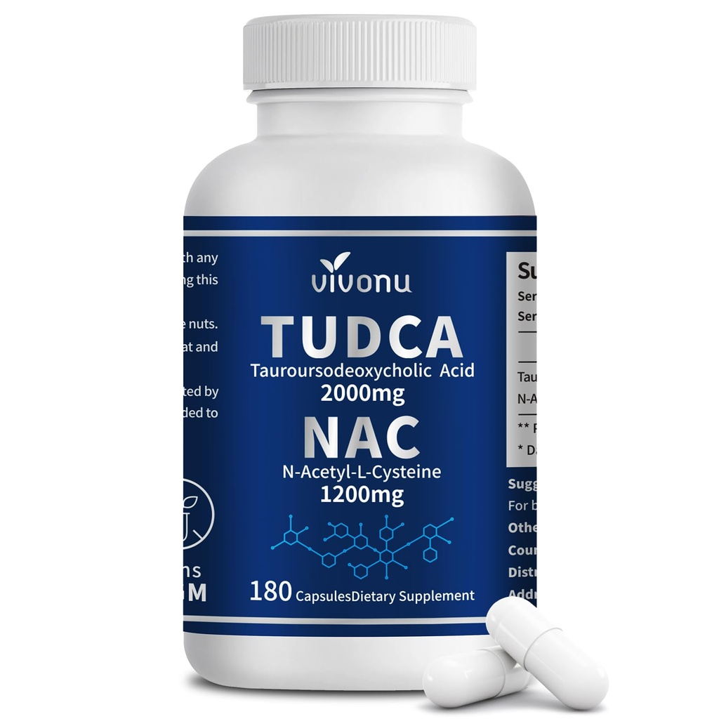 VivoNu TUDCA 2000mg + NAC 1200mg Συμπλέγματος Συμπλέγματος Καψακίων, Ισχυρό Αλάτι Bile TUDCA + N Acetyl Cysteine, Αντιοξειδωτικά Συμπληρώματα για τον Καθαρισμό Συκώτικου & Lung& Gallbladder, Digestion - 180 Κάψουλες