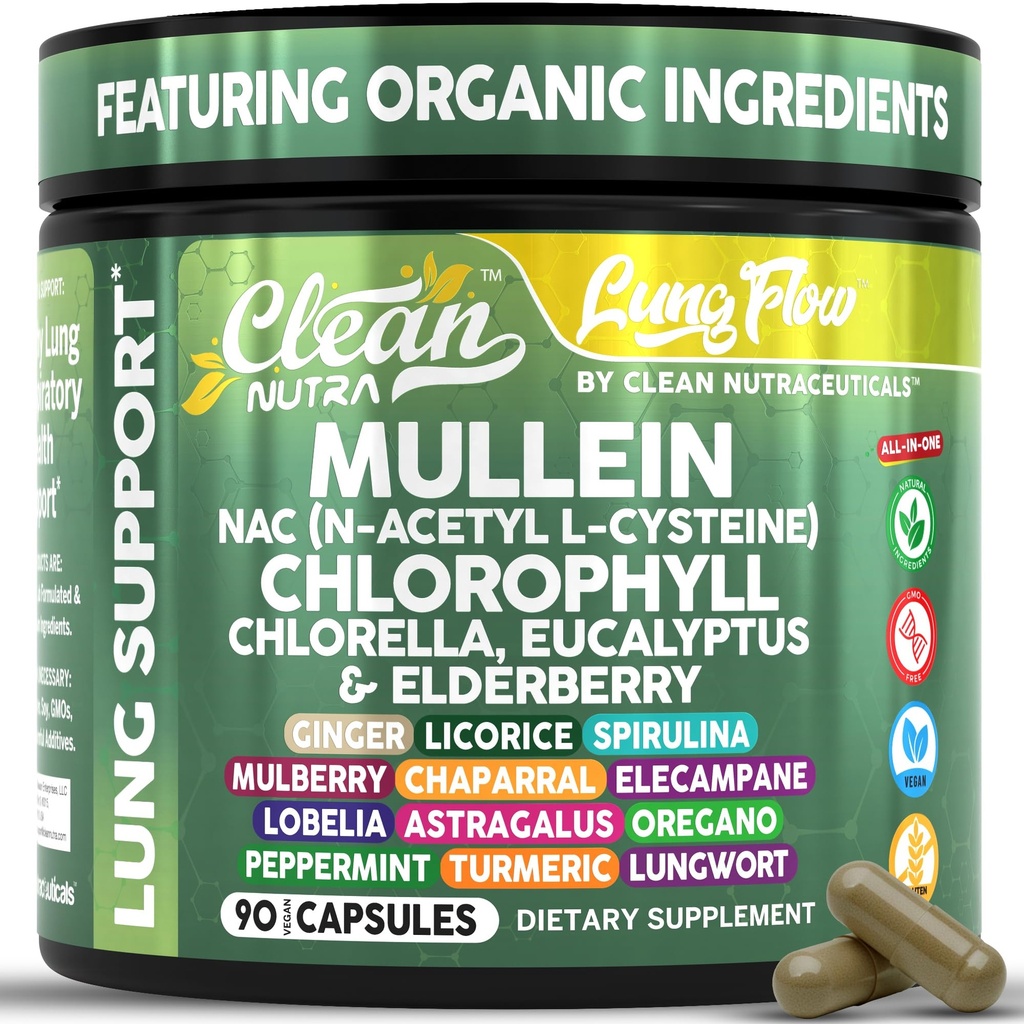 Clean Nutra Mullein Leaf Extract for Lungs Cleanse NAC Supplement Chlorophyll Chlorella Elderberry | Lung Detox for Smokers | Ginger Licorice Astragalus Oregano Turmeric Respiratory Support Capsules