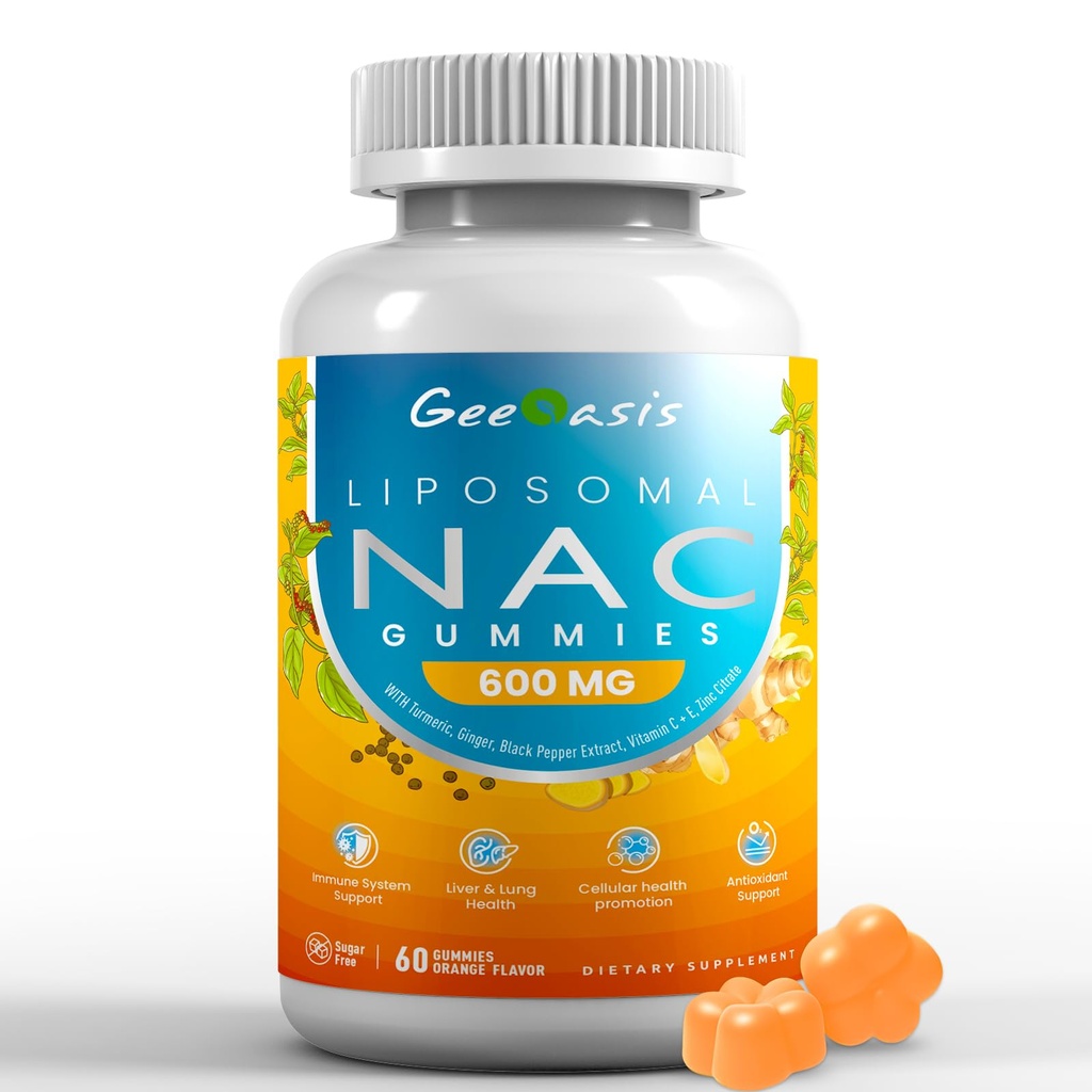 Liposomal NAC Gummies 600mg, N-Acetyl Cysteine συμπλήρωμα για παιδιά και ενήλικες, με Turmeric, Ginger, Μαύρο πιπέρι, ανοσοποιητικό, ήπαρ & πνεύμονα υποστήριξη, Αντιοξειδωτικό, χωρίς ζάχαρη γεύση ανανά, 60 κόμητες