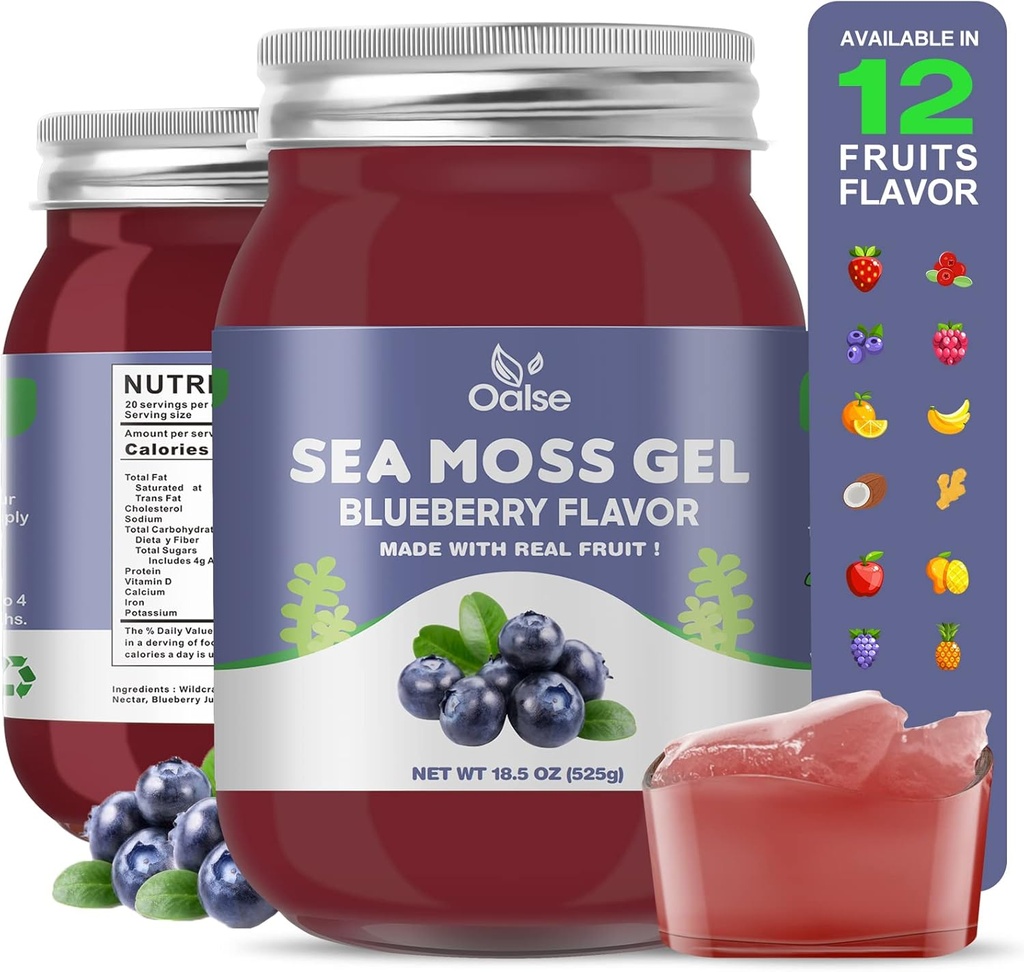 Sea Moss Gel - 18.5oz Blueberry Flavor Raw Nutritious Sea Moss Gel in Minerals, Proteins & Vitamins, Vegan-Friendly, 2 κουταλιές της σούπας καθημερινά