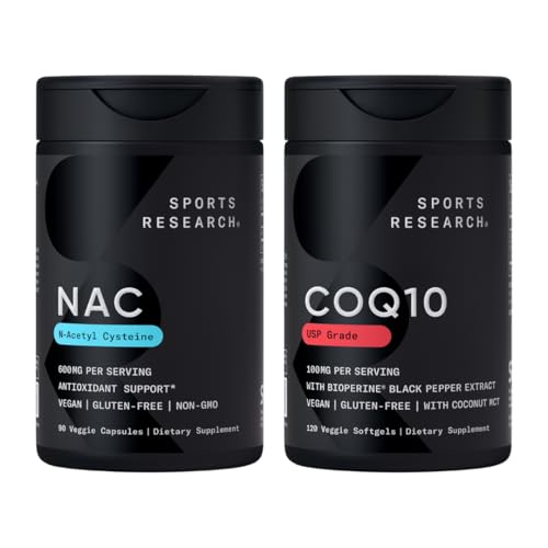 Sports Research® Antioxidant Support Pack - N-Acetyl L-Cysteine (NAC) 600mg, CoQ10 100mg Enhanced w/Coconut Oil & Bioperine - Vegan · Non-GMO · Χωρίς γλουτένη