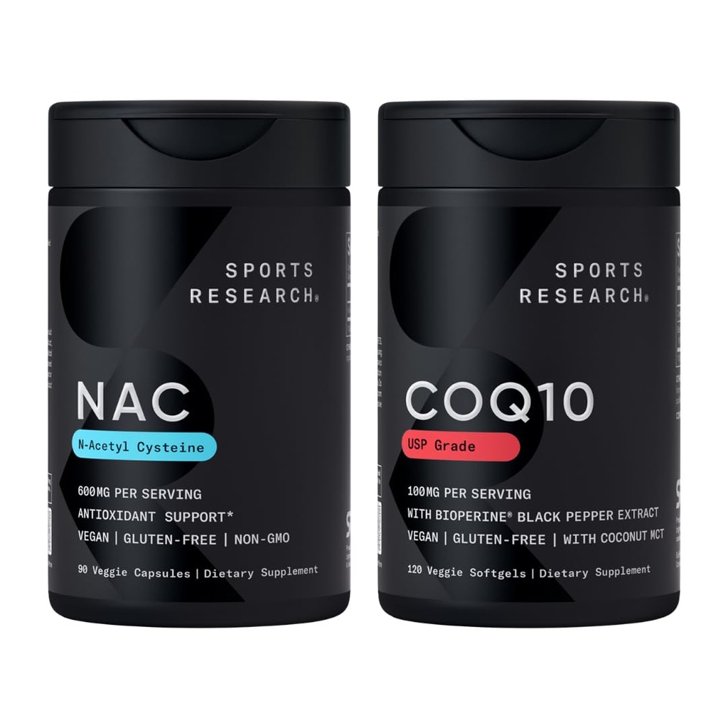 Sports Research® Antioxidant Support Pack - N-Acetyl L-Cysteine (NAC) 600mg, CoQ10 100mg Enhanced w/Coconut Oil & Bioperine - Vegan · Non-GMO · Gluten Free