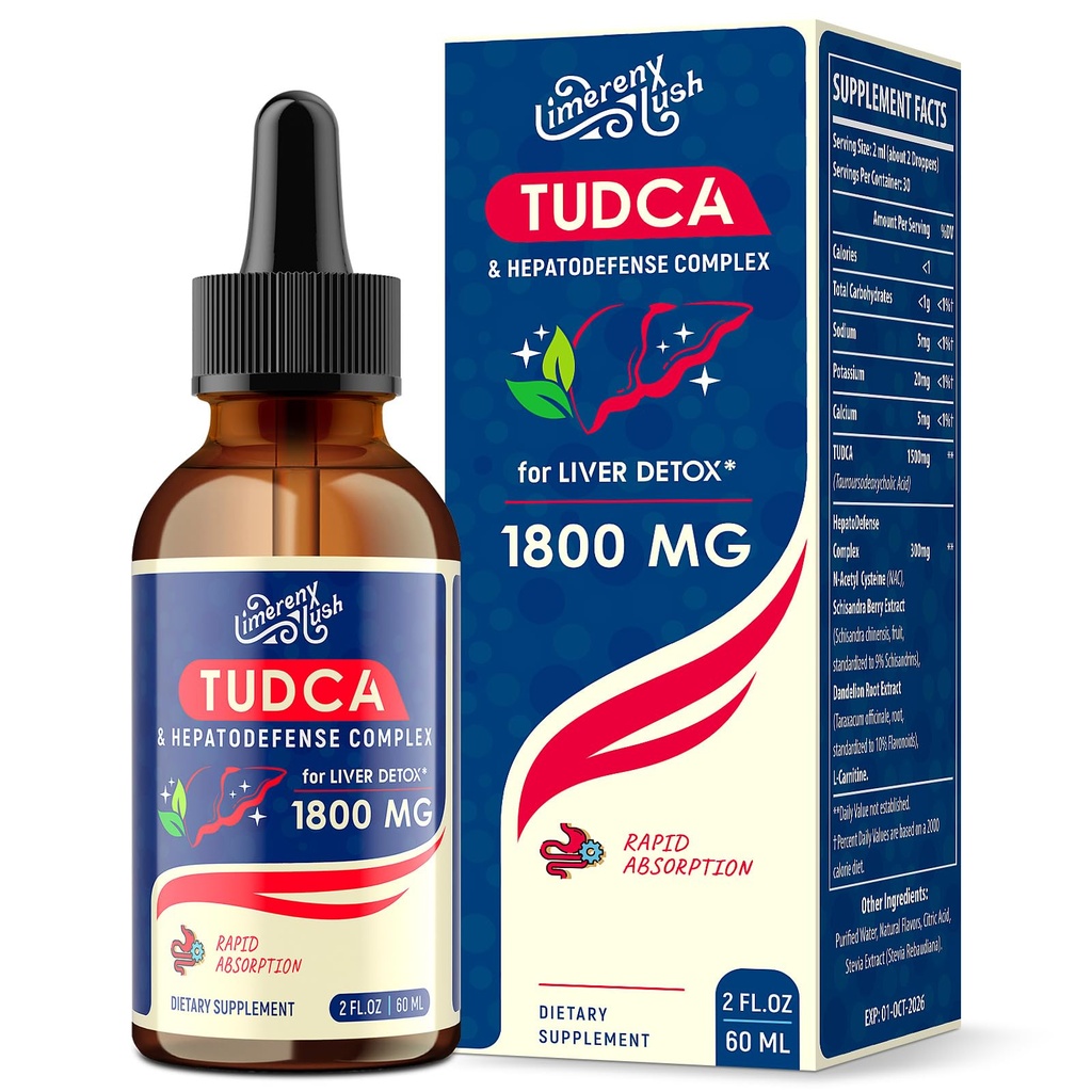TUDCA Real Support Drops 1800mg - Ισχυρό συμπλήρωμα ήπατος με Bile Salts, NAC, Schisandra και Dandelion, Liver Detox & Repair - Fast-Absorbing, Χωρίς ζάχαρη, Χωρίς αλκοόλ – 2 Fl.Oz