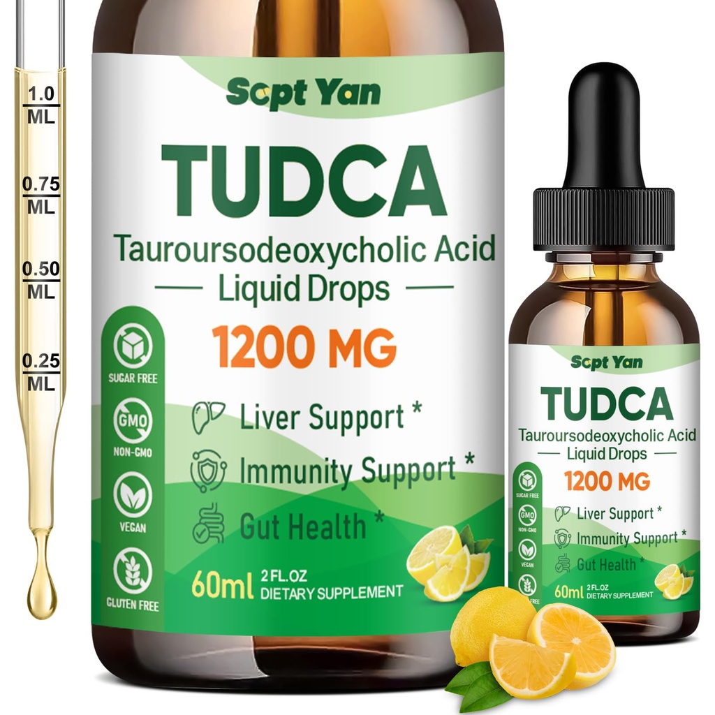 Συμπλήρωμα TUDCA 1200mg Υγρές σταγόνες, συμπλήρωμα ήπατος με TUDCA, NAC, Σπόροι και δαντέλα γάλακτος, για την υποστήριξη του ήπατος, και καθαρισμός της χοληδόχου κύστης & επισκευή, χωρίς ζάχαρη, Vegan, άρωμα λεμόνι, 2 Fl Oz