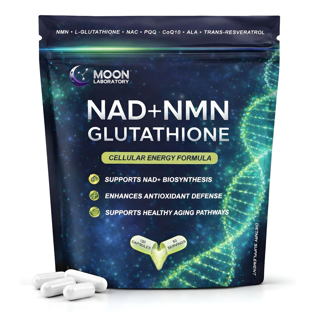 NMN + L-Glutathione Supplement – NAD+ Support, Mitochondrial Energy & Antioxidant Defense with CoQ10, NAC, PQQ & Alpha Lipoic Acid – 120 Capsules. Refill Pack
