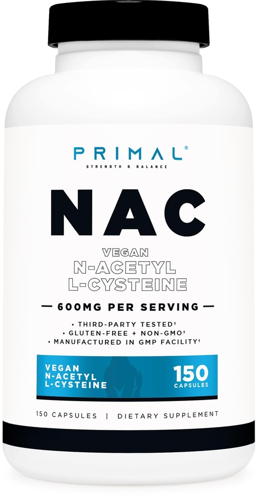 Primal N-Acetyl L-Cysteine (NAC) 600mg, 150 κάψουλες - Vegan N-Acetyl L-Cysteine συμπλήρωμα, GMO-ελεύθερο, χωρίς γλουτένη