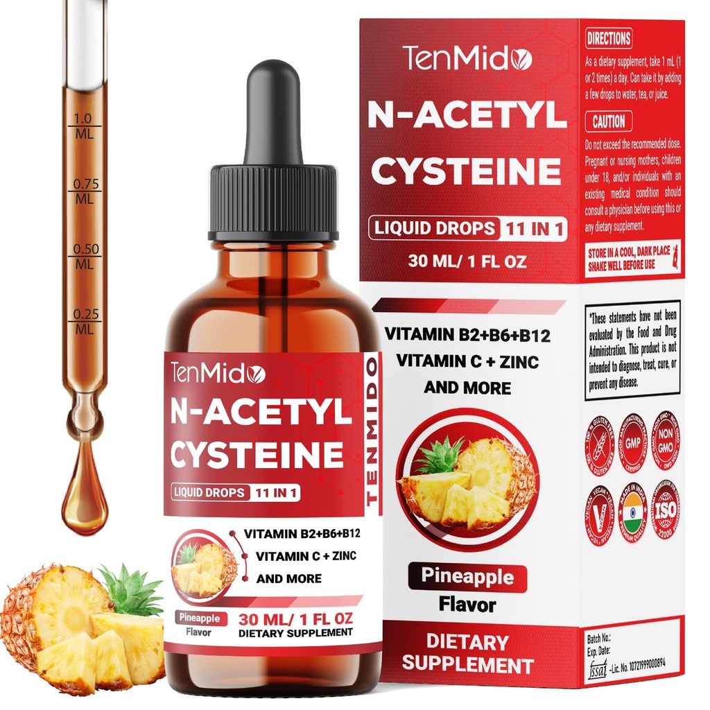 11in1 Nac Supplement N-Acetyl Cysteine Liquid Drops with Quercetin, B-Complex, Selenium, Glutathione, Bromelain, Milk Thistle, and More - 30ml 1 Fl Oz
