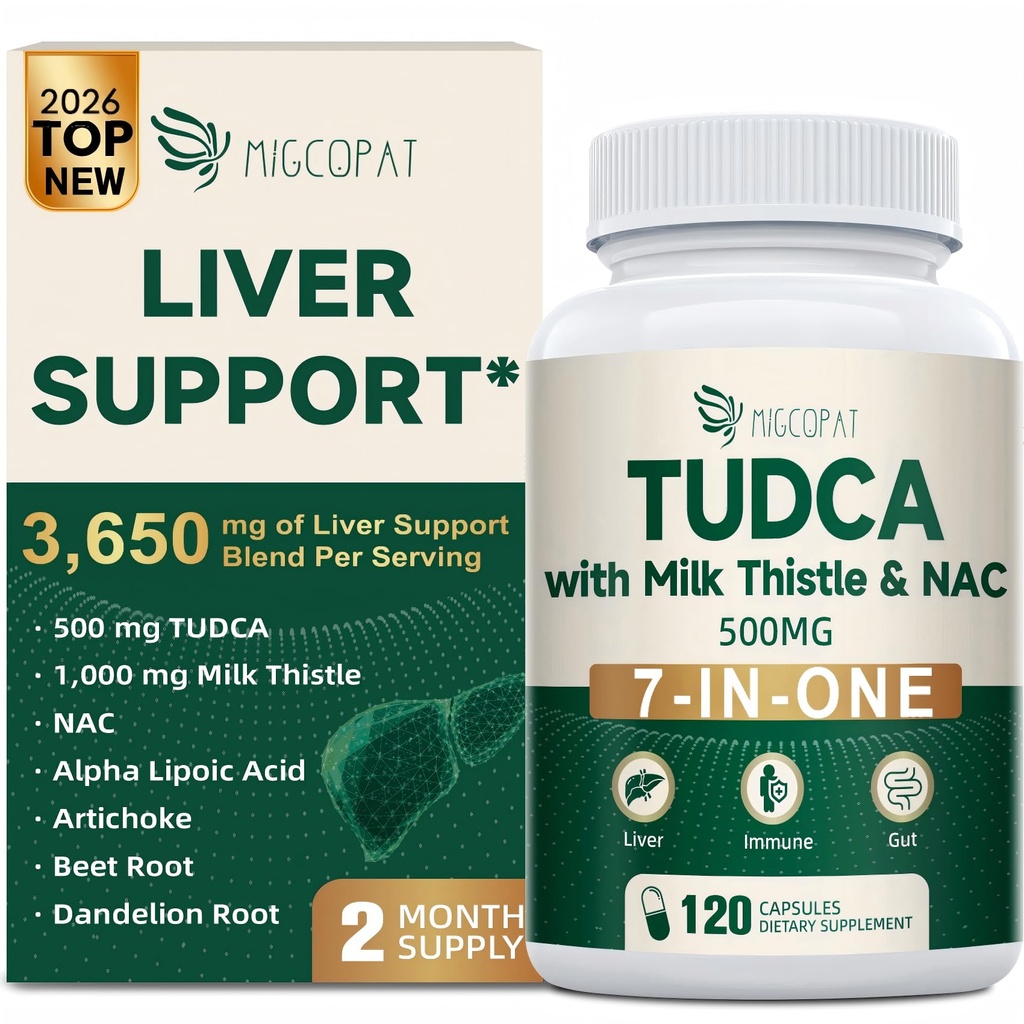Migcopat 7-in-One TudCA συμπλήρωμα, 3650mg με γαϊδουράγκαθο γάλακτος, NAC, Alpha Lipoic Acid, Dandelion Root, Bile Alts TUDCA για το συκώτι καθαρισμού Detox & Επισκευή, Bile Flow and Digestive Υποστήριξη - 120 κάψουλες
