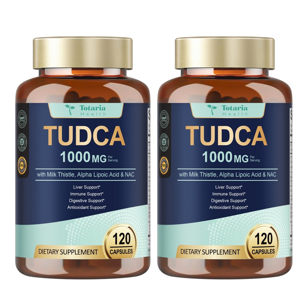 Totaria 2 συσκευασίες TUDCA 1000mg συμπλήρωμα στήριξης ήπατος με γαϊδουράγκαθο γάλακτος, NAC, ALA, 80% σιλυμαρίνη, 15-σε-1 Άλατα επιπλέον αντοχής