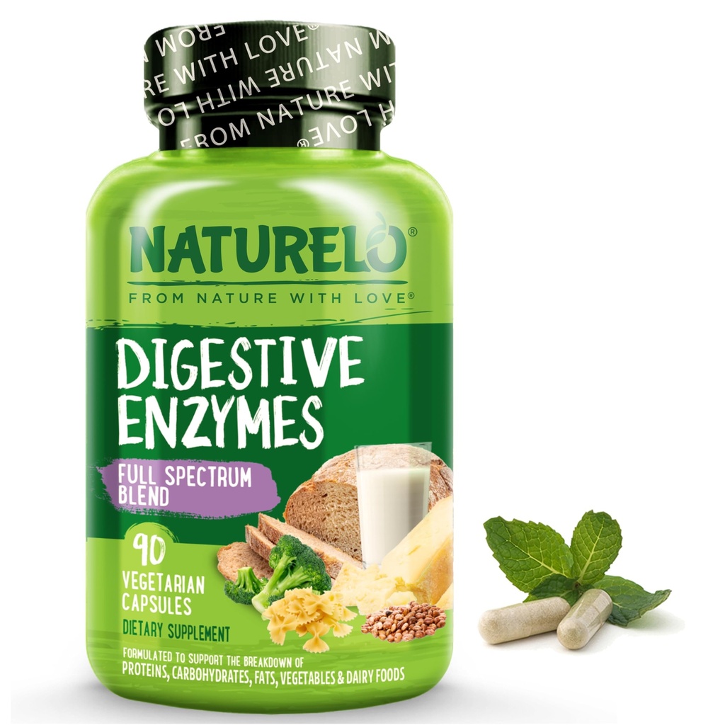 NATURELO Digestive Enzymes - Πλήρης υποστήριξη φάσματος με ένα ευρύ μείγμα 15 ενζύμων Plus Ginger - 90 κάψουλες Vegan
