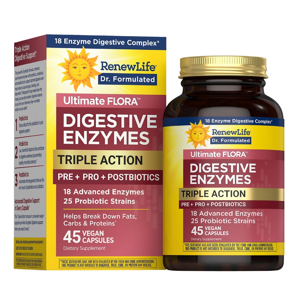 Renew Life Ultimate Flora Digestive Enzymes with Probiotics and Prebiotics | Doctor Formulated | 45 Vegan Capsules | Eases Occasional Gas, Bloating & Discomfort | Dairy, Soy and Gluten Free Supplement