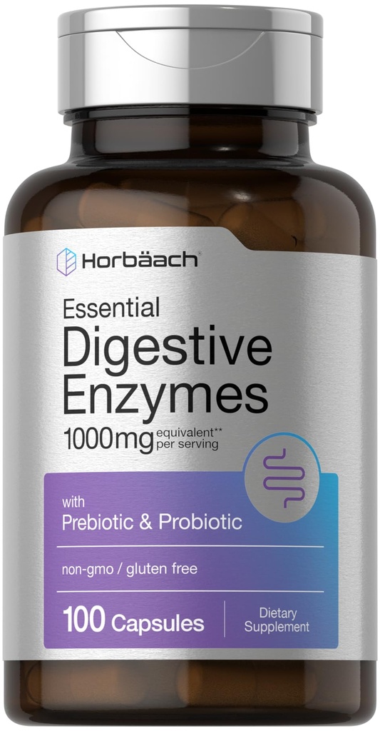 Horbäach Essential Digestive Enzymes | 100 Capsules | Enzyme Blend for Men & Women | Non-GMO & Gluten Free Supplement