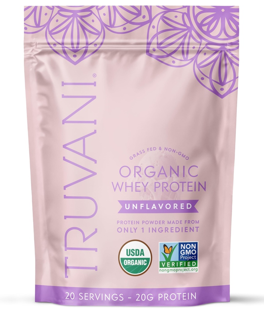 Truvani Organic Whey Protein Powder | Unflavored | 20g Grass Fed Whey Protein | 20 Servings | USDA Organic & Non-GMO | Gluten Free | No Gums, No Soy, No Stevia, No Added Sugars