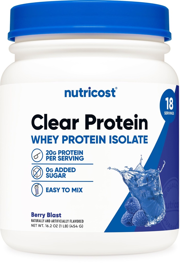 Nutricost Clear Whey Protein Isolate Powder (Berry Blast) 1 LB - 20g of Protein, 0g Added Sugar, GMO-Free, Gluten-Free