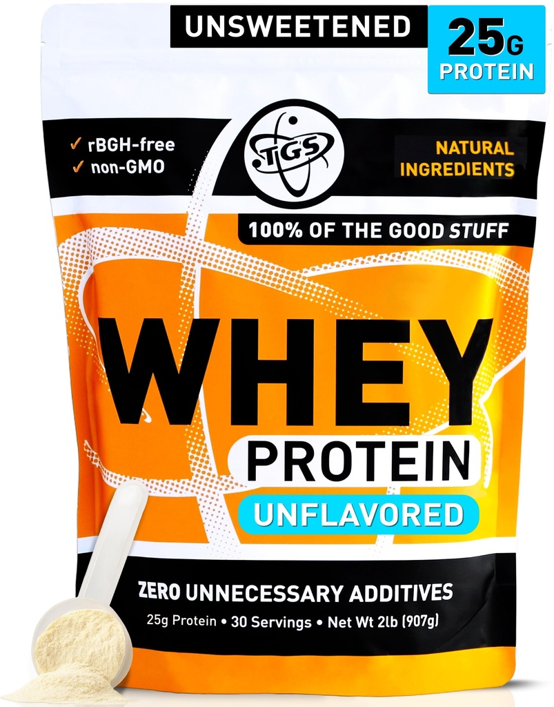 TGS Nutrition Whey Protein Powder Unflavored, Unsweetened - No Artificial Ingredients for Men & Women - 2lb Soy-Free, No Gluten, Keto Friendly - Post Workout Muscle Recovery