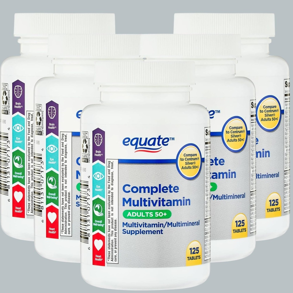 Equate Adult 50+ One Daily Complete Multivitamin Multimineral Supplement Tablets, Healthy Brain* - Compare to Centrum Silver, 125 Pills (Pack of 1)