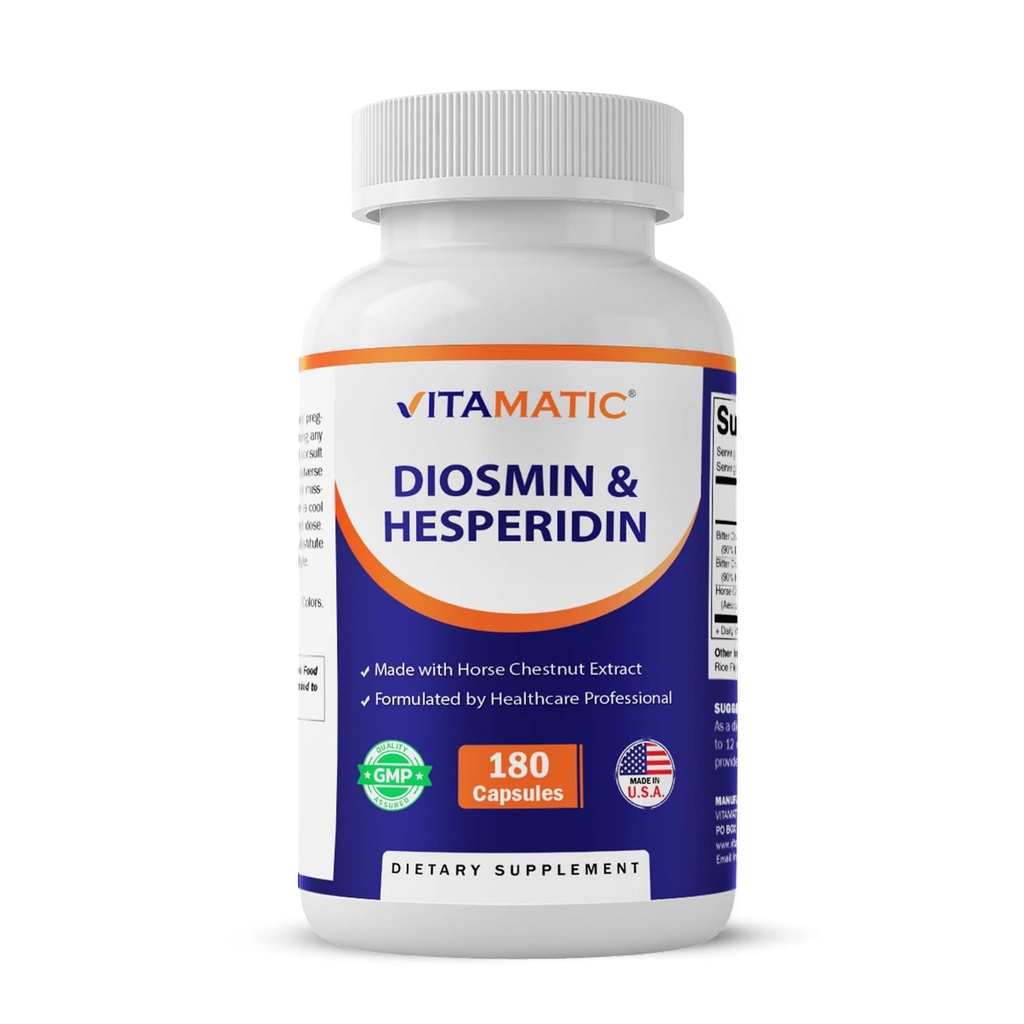 Vitamatic Diosmin Hesperidin 1000mg with Horse Chestnut Extract 100 mg – 180 Capsules – Citrus Bioflavonoids Complex – Non-GMO – Made in USA